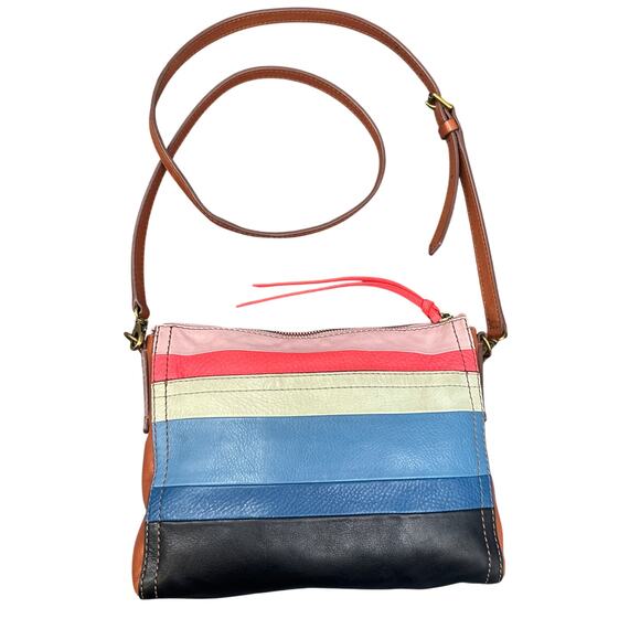 Fossil Leather Crossbody Hand Bag Multicolor Stripe Boho Retro Purse Y2K Rainbow - Picture 1 of 16